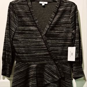 Halston Wrap Front, 3/4 Sleeve Blouse, Size Small, Black/White Spacedye